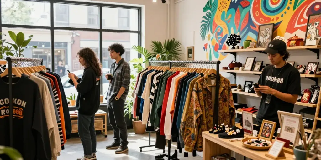 Shopping for trendy apparel at rokok88 store, vibrant outfits in an urban setting.
