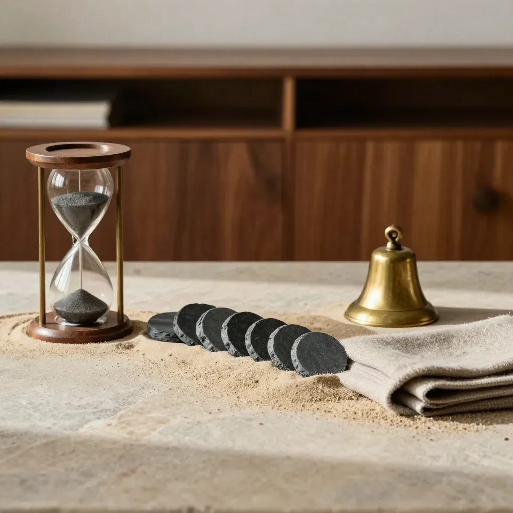 Sand timer, slate tokens and brass bell on a walnut sideboard with a folded wool runner.