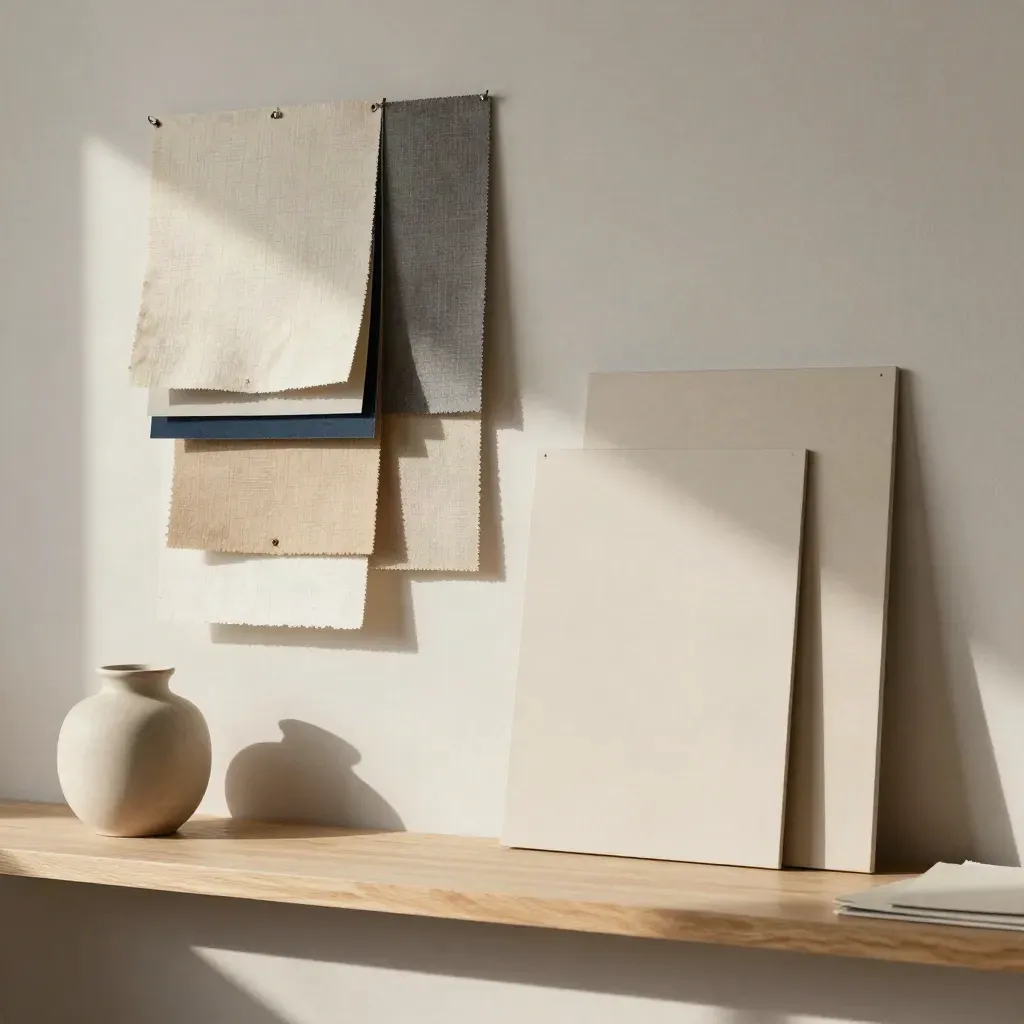 Sunlit strategy wall with material samples, folders, a ceramic vessel and turned mockup boards.