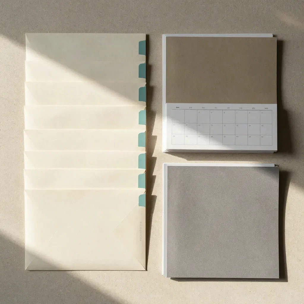 Top-down communication plan kit of envelopes, teal tabs, folders and a pocket calendar on stone.