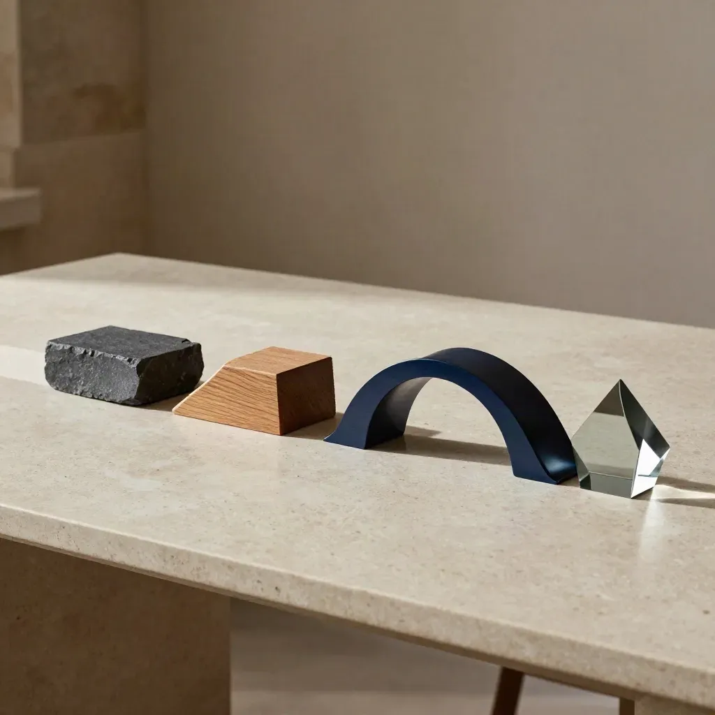 Four aligned stone, wood, metal and glass objects on a pale table in moody cinematic light.