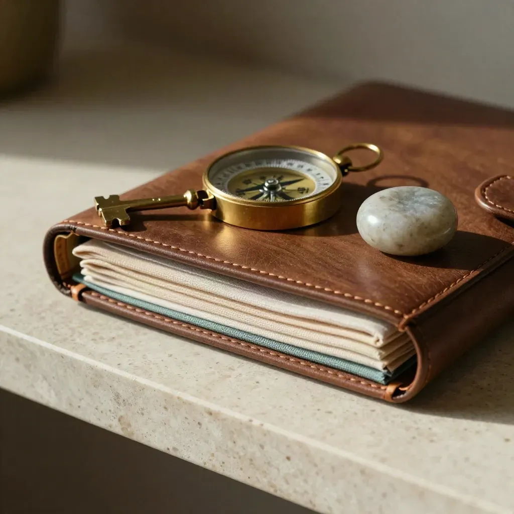 Walnut strategy binder, brass compass, linen swatches and stone paperweight on travertine shelf