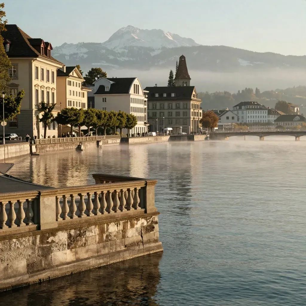 Zurich lakeside stone embankment and hazy Alpine peaks at golden hour